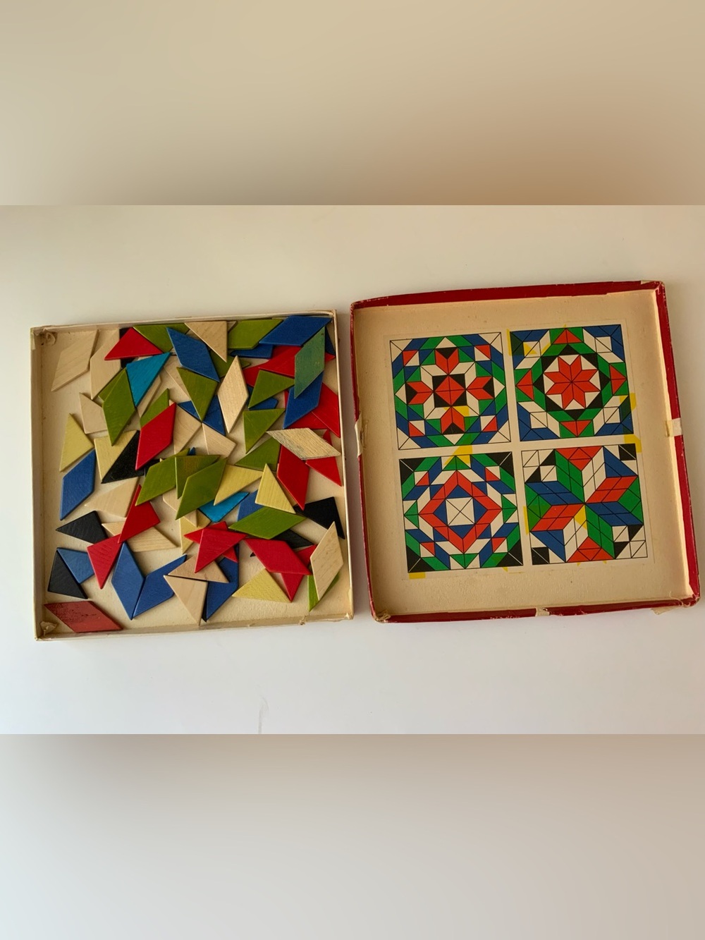 Vintage Wooden Pattern Puzzle Set in Red, Blue, Green, Black, Natural